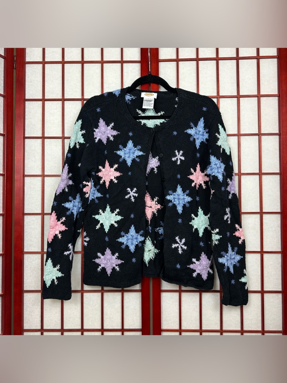 Vintage 90s Talbots Black Colorful Whimsical Snowflake Novelty Cardigan Sweater